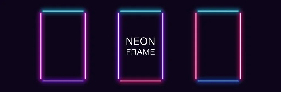 Neon rectangle Frame. Set of rectangular neon Border in 4 outline parts. Geom Stock Illustration