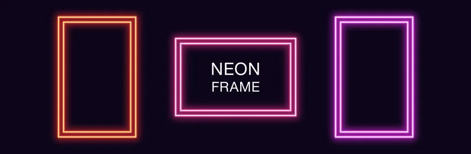 Neon rectangle Frame. Set of rectangular neon Border with double outline Stock Illustration