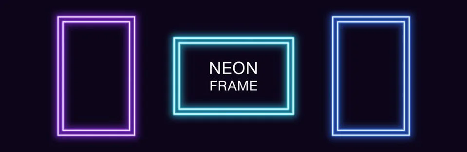 Neon rectangle Frame. Set of rectangular neon Border with double outline Stock Illustration