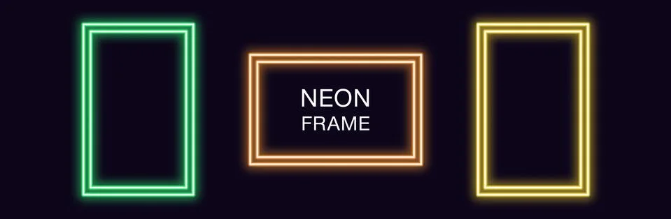 Neon rectangle Frame. Set of rectangular neon Border with double outline Stock-Illustration