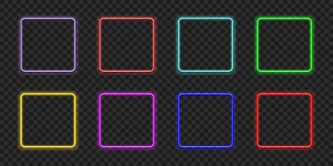 Neon rectangle. Glow frame border. Glossy rectangle on wall. Vector neon shape Stock Illustration