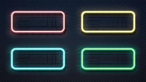Neon rectangle lamps. Realistic square glowing frames. 3D lighting signboard Stock Illustration