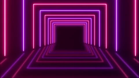Neon rectangle or square tunnel, neon lights, neon square with reflection Stock Footage 223214893