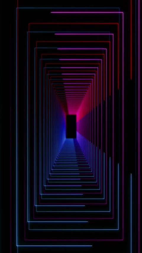 Neon rectangle tunnel blue, pink, red glowing lines, deep corridor perspective, Stock Footage 340557660