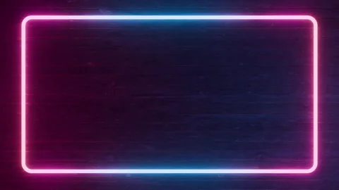 Neon rectangular frame glowing pink and blue on dark textured wooden background Stock Footage 327974770