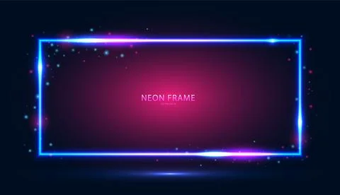 Neon rectangular frame with shining effects and highlights on a dark blue-pink 스톡 일러스트