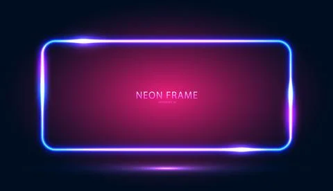 Neon rectangular frame with shining effects on a dark blue-pink background. Illustrazione stock
