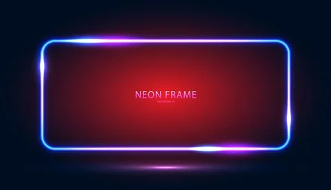 Neon rectangular frame with shining effects on a dark blue red background. イラスト素材