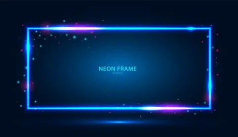 Neon rectangular frame with shining effects and highlights on a dark blue 스톡 일러스트