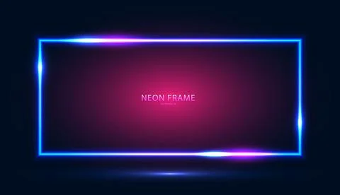 Neon rectangular frame with shining effects and highlights on a dark blue-pink 스톡 일러스트