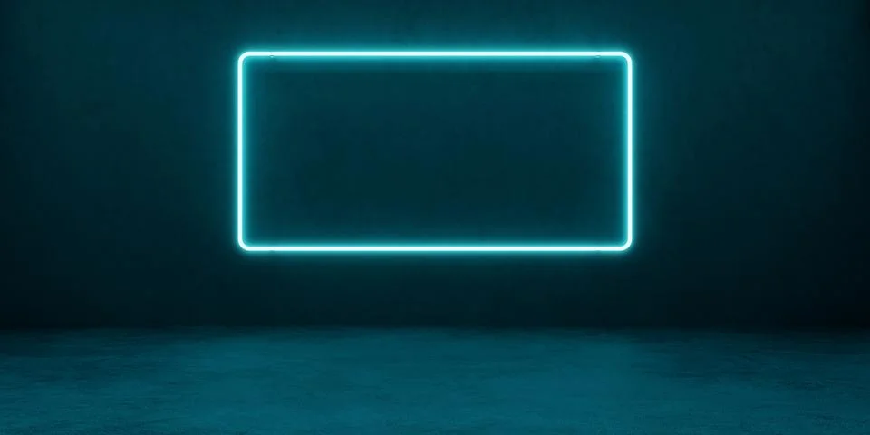 Neon rectangular glowing frame of blue color against a background of a concre イラスト素材