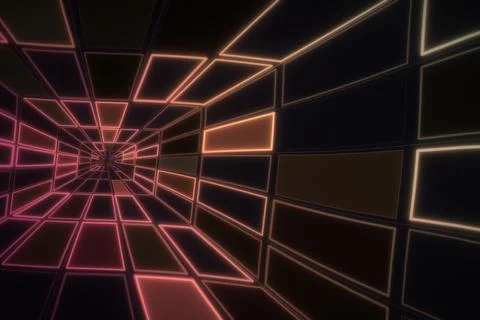 A neon rectangular grid forms a deep perspective tunnel, its glowing pink, .. Stock Illustration