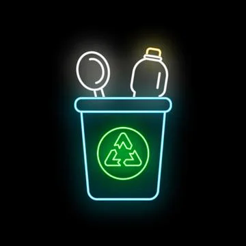 Neon recycling bin containing bottle and packaging waste Stock Illustration
