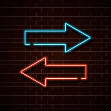 Neon red and blue arrows on a brick wall. Vector Illustration. Stock Illustration