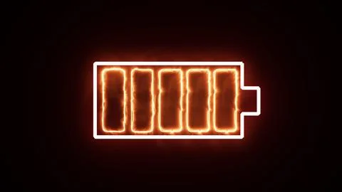 Neon red and fire glowing battery charging icon. Charger, running from low .. Illustrazione stock