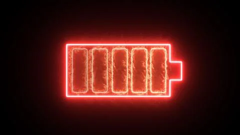 Neon red and red fire glowing battery charging icon. Charger, running from .. Stock Illustration