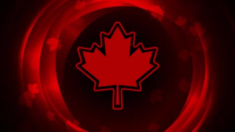 Neon red Canada maple leaf on dark glowing abstract circular motion background Stock Footage 335676687