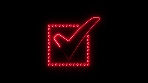 Neon red check mark symbol glowing inside square frame against black backgr.. Stock Footage 345548237