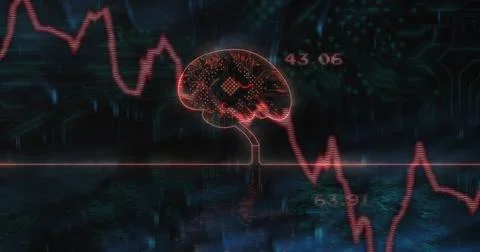 Neon red circuit-brain schematic floating on baseline in matrix, showing red Stock Photos
