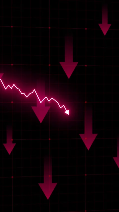 Neon Red Falling Line Graph with Downward Arrows and Declining Trend Animation Video stock 343694580
