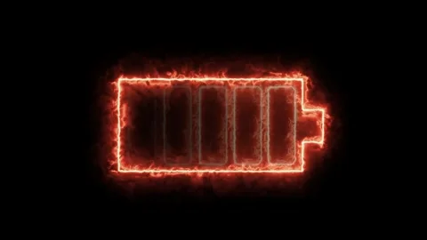Neon red fire glowing battery charging icon. Charger, running from low to f.. Stock Footage 293552599