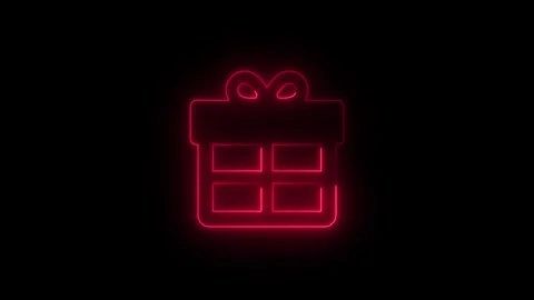 Neon red Gift Box Icon on Black Background.Glowing present box symbol repre.. Stock Footage 340601221