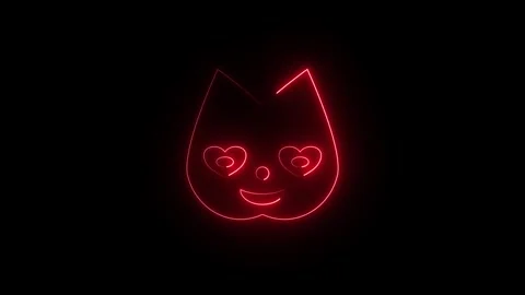 Neon red glowing cat face with heart eyes on black 库存影片 346056567