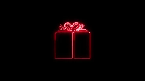Neon red glowing gift box icon animation isolated on black surface. Stockbeeldmateriaal 337081866