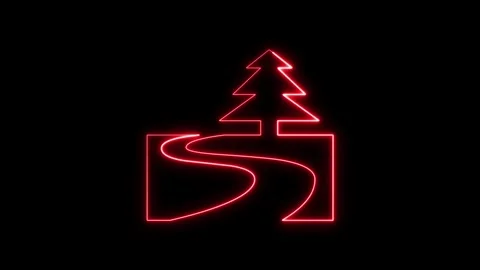 Neon red glowing symbol of tree on road isolated on black background. Stockbeeldmateriaal 337081791