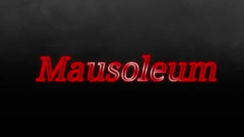 Neon red glowing text displaying the word mausoleum against a dark moody foggy Vidéo 345129596