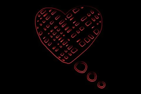 Neon red heart with grid rectangles is glowing on solid black background with Illustrazione stock