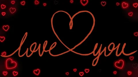Neon red love you text animation with glowing heart shapes with background Video stock 343551593
