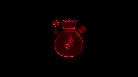 Neon red money bag icon animation glowing against black background for fina.. Stock Footage 345550077