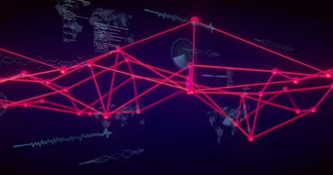 Neon red nodes pulsing and connecting glowing lines over dark map with code and Stock Footage 309101316