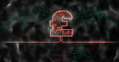 Neon-red pound sign emerging while pulsing bar, circuits lighting, dots rippling Stock Footage 312905243