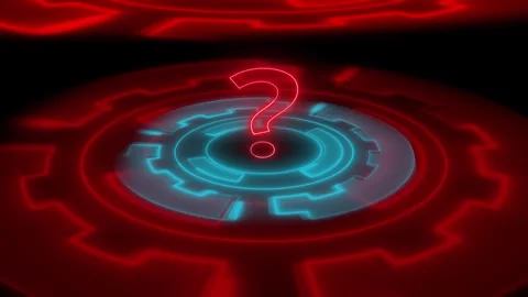 Neon red question mark on futuristic gear interface animation on black back.. Video stock 334123671