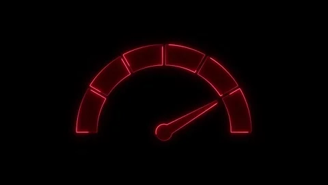 Neon red speedometer gauge glowing in dark digital interface showing rising.. Stock Footage 345549877