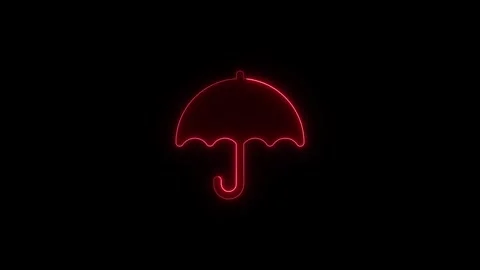 Neon red umbrella glowing icon outline against solid black background for w.. Stock Footage 345550163