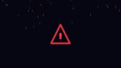 Neon red warning sign with digital glitch rain effect falling on black back.. Stock Footage 341824279