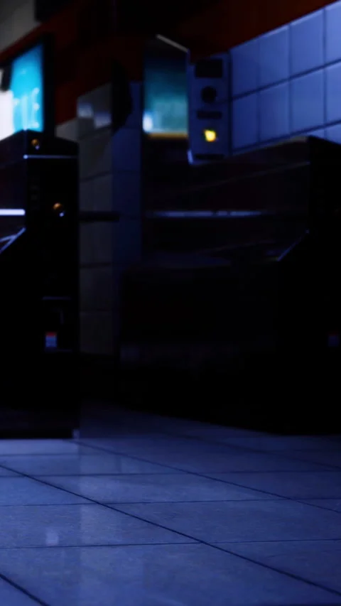 Neon reflections and shadows create a moment of intrigue in a dimly lit arcade Stock Footage 334203331