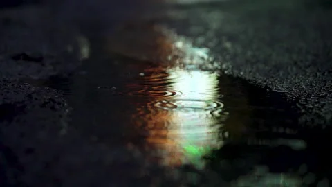 Neon Reflections In Rain Puddle At Night Street Level Stock Footage 345268645