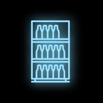 Neon refrigerator icon displaying rows of glass bottles on black background Stock Illustration
