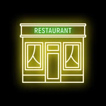 Neon restaurant building facade glowing night icon Stock Illustration