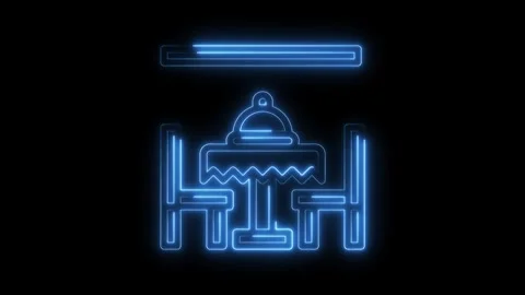 Neon restaurant table icon animation with two chairs and menu display over black Stock Footage 322970706