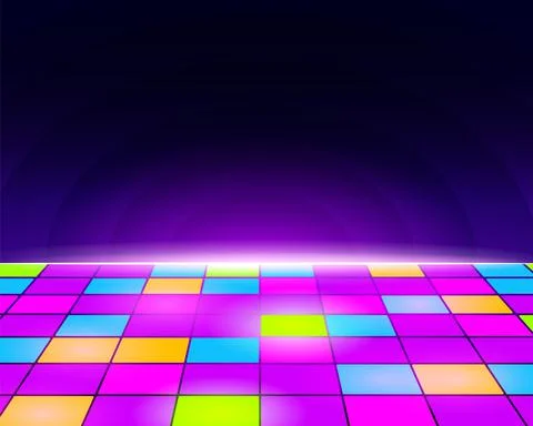 Neon retro dance floor background. Futuristic disco floor with purple tiles and Stock Illustration