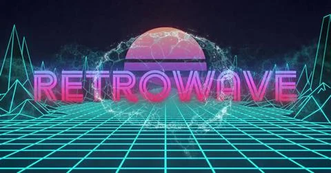Neon RETROWAVE text floating above grid floor in digital landscape, gradient Stock Photos