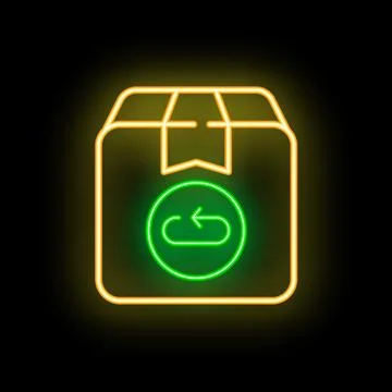 Neon return package icon glowing on dark background Stock Illustration