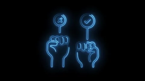 Neon right and wrong choice concept animation with punching fist and check marks Stock Footage 330776259