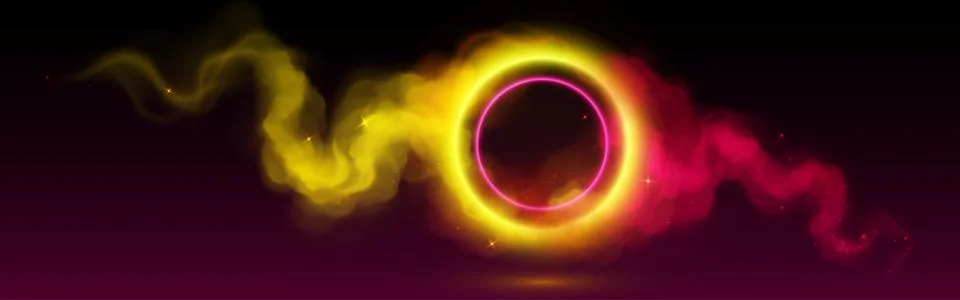 Neon ring in clouds of pink and yellow smoke Illustrazione stock