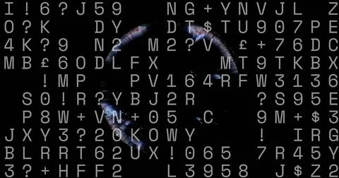 Neon ring glitching in matrix, with alphanumeric grid, question and plus sign Stock Photos